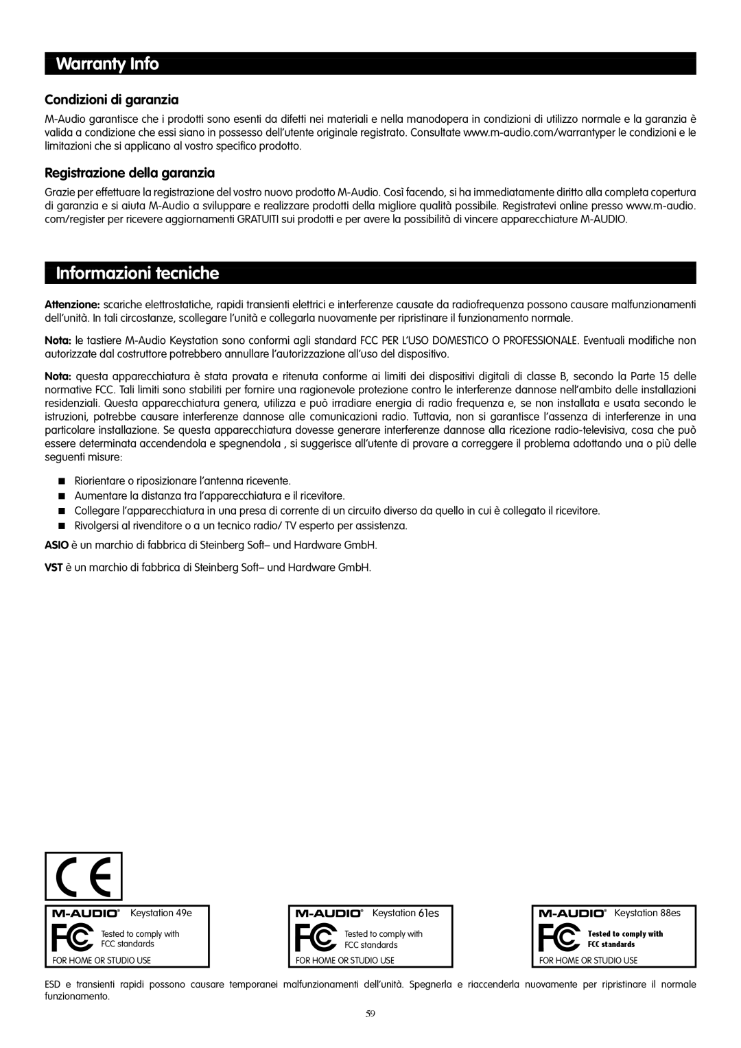 M-Audio 61es, 88es, 49e manual Informazioni tecniche, Condizioni di garanzia Registrazione della garanzia 