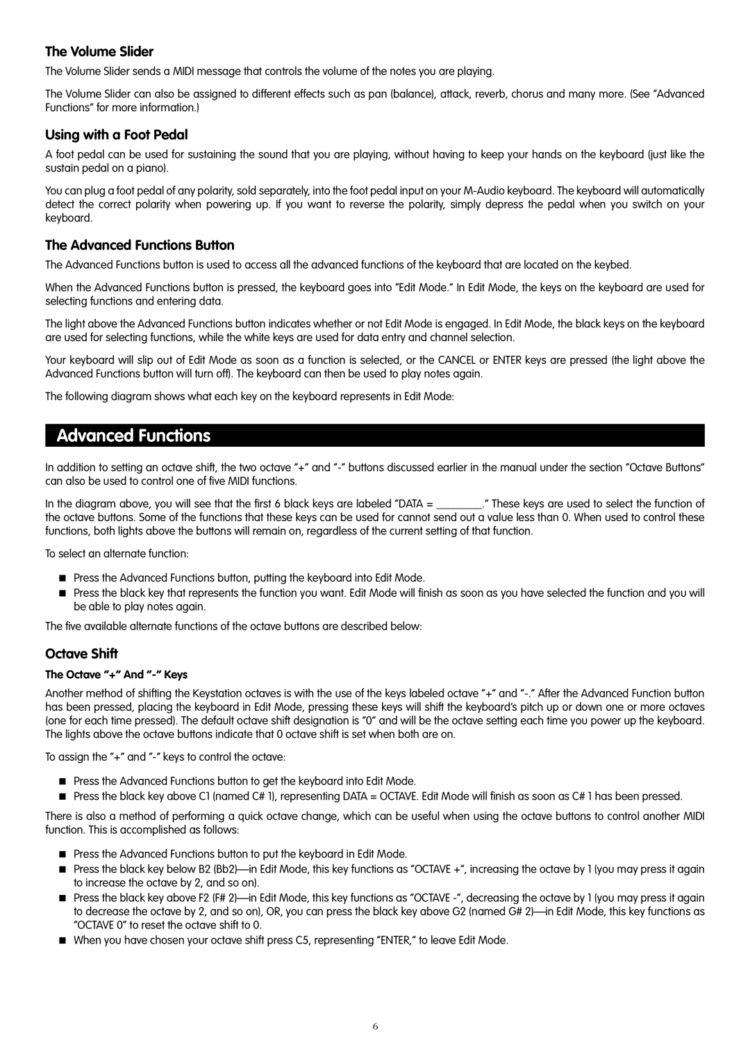 M-Audio 88es, 61es, 49e manual Volume Slider, Using with a Foot Pedal, Advanced Functions Button, Octave Shift 