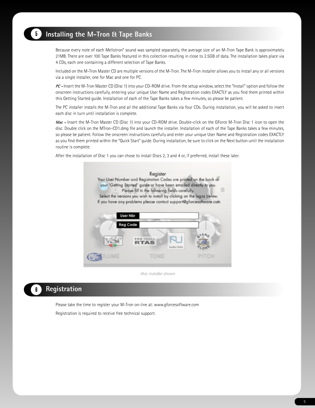 M-Audio 640-118 manual 5Installing the M-Tron& Tape Banks, 6Registration, Mac installer shown 