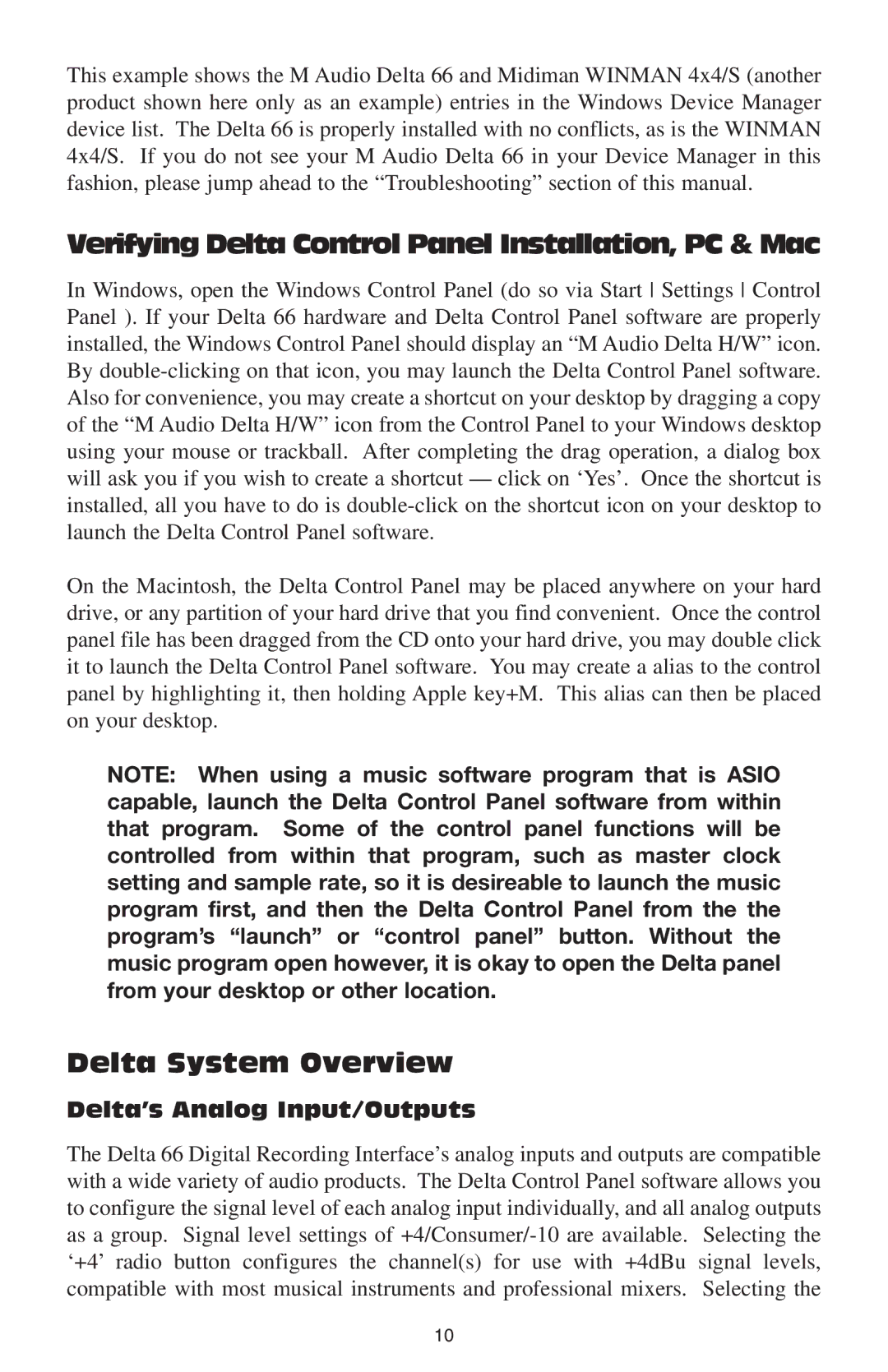 M-Audio 66 manual Verifying Delta Control Panel Installation, PC & Mac, Delta System Overview, Delta’s Analog Input/Outputs 