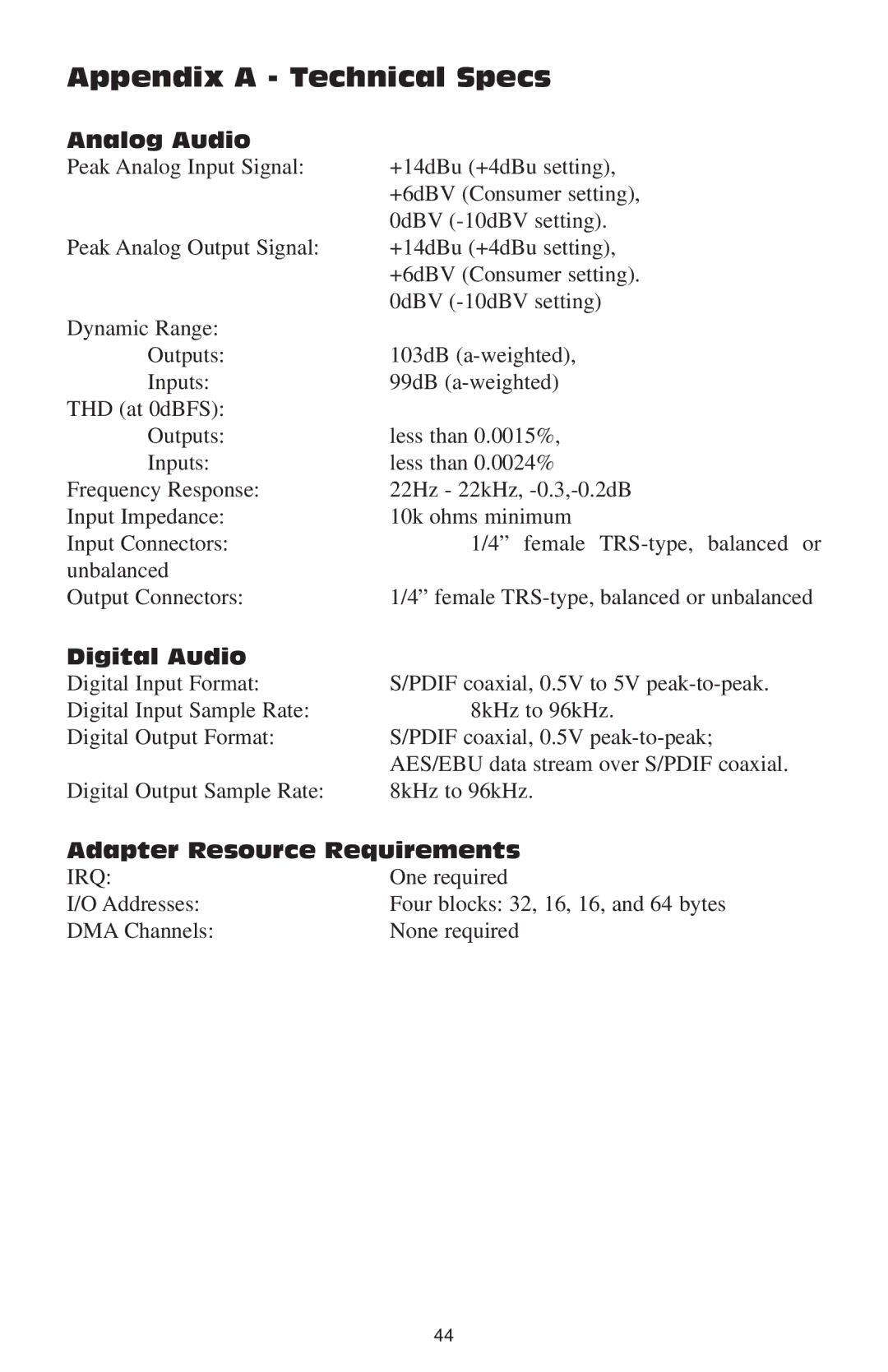 M-Audio 66 manual Appendix a Technical Specs, Analog Audio, Digital Audio, Adapter Resource Requirements 