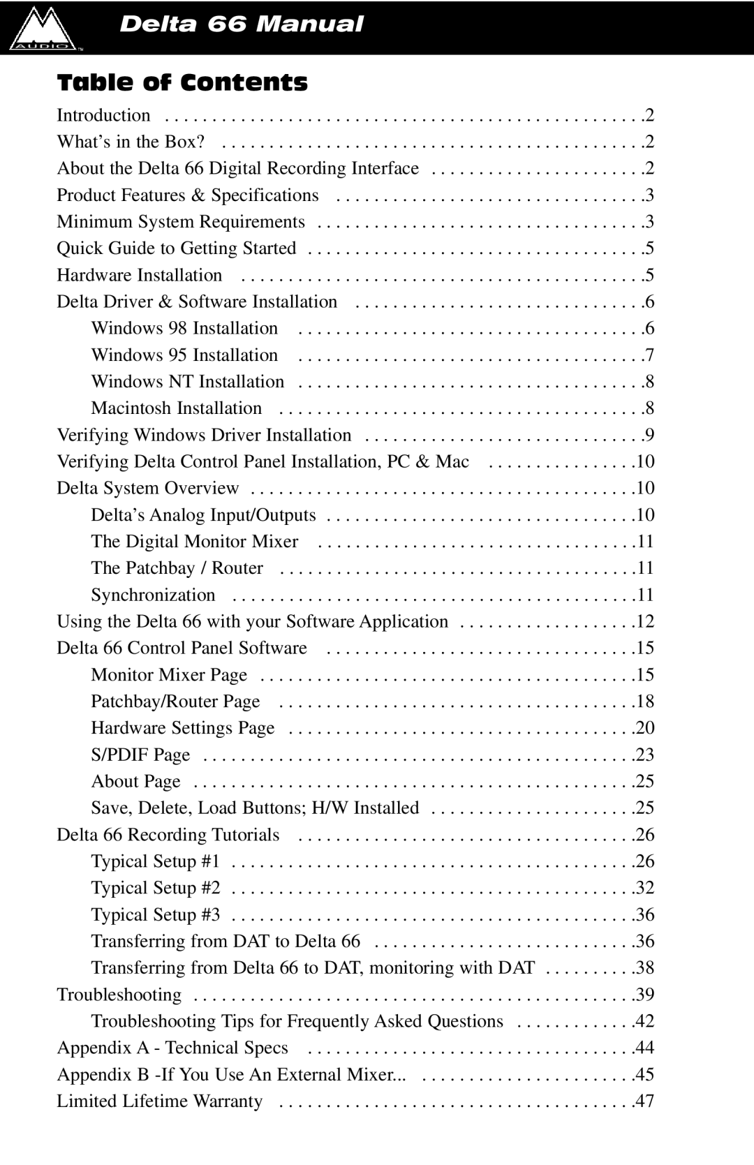 M-Audio manual Table of Contents, Delta 66 Manual 