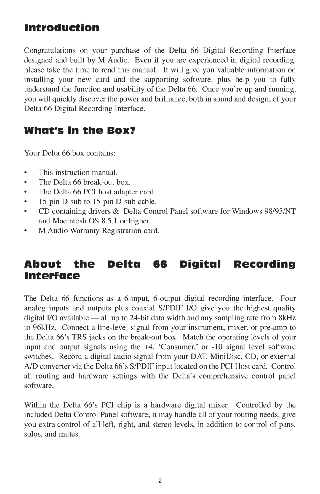 M-Audio manual Introduction, What’s in the Box?, About the Delta 66 Digital Recording Interface 