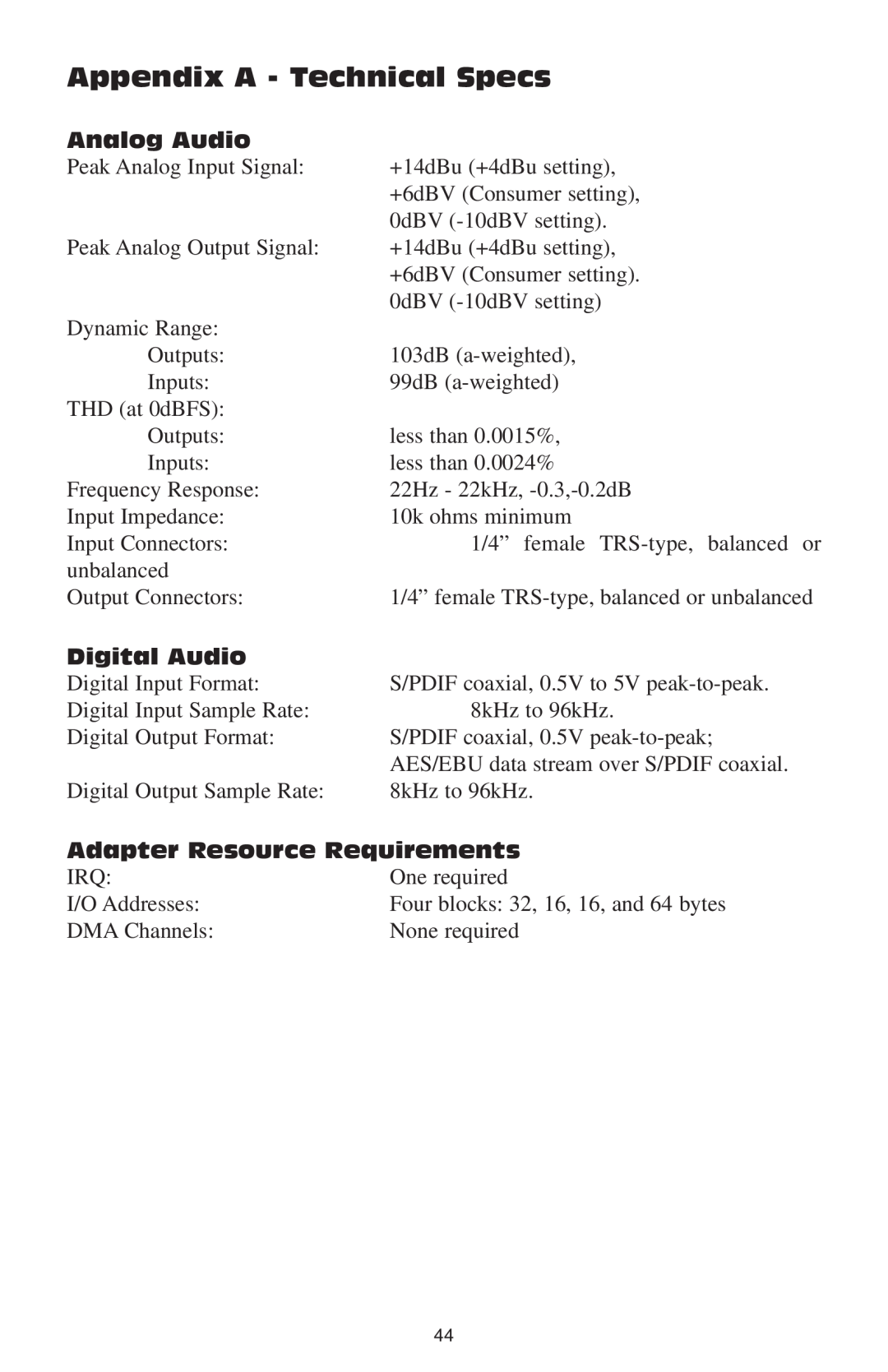 M-Audio 66 manual Appendix A - Technical Specs, Analog Audio, Digital Audio, Adapter Resource Requirements 