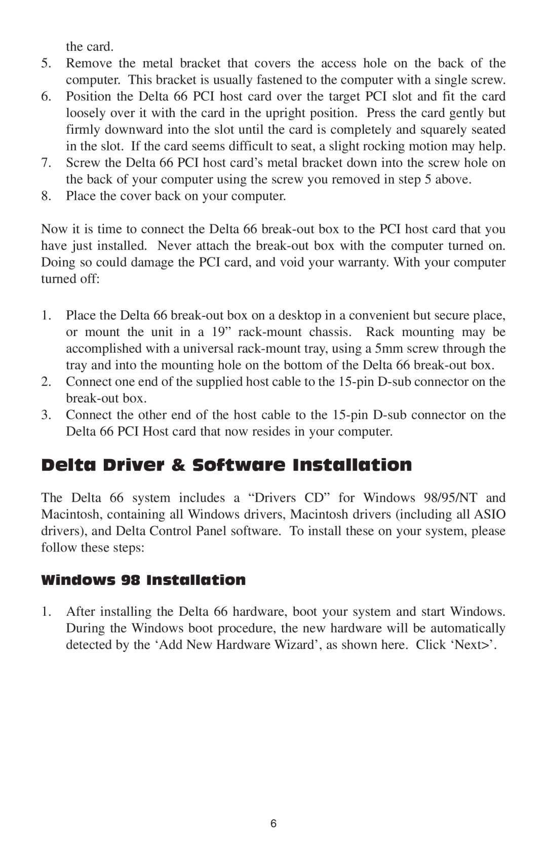 M-Audio 66 manual Delta Driver & Software Installation, Windows 98 Installation 