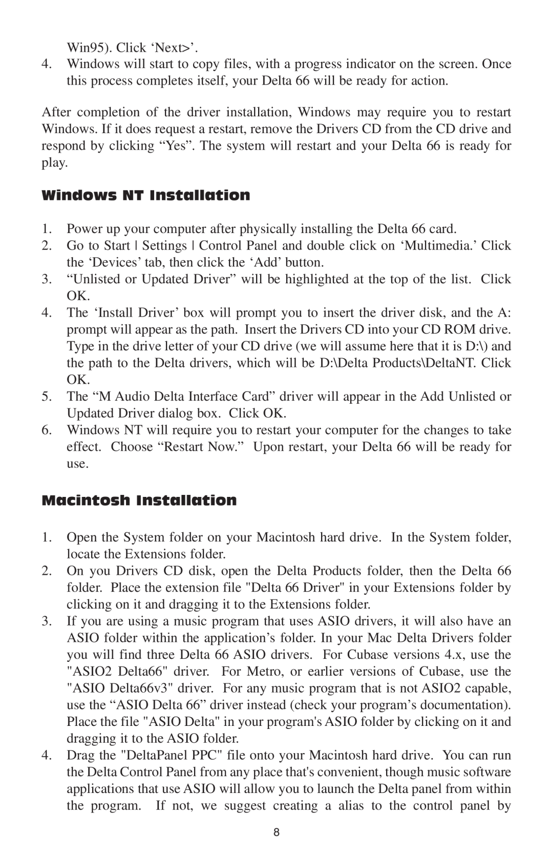 M-Audio 66 manual Windows NT Installation, Macintosh Installation 