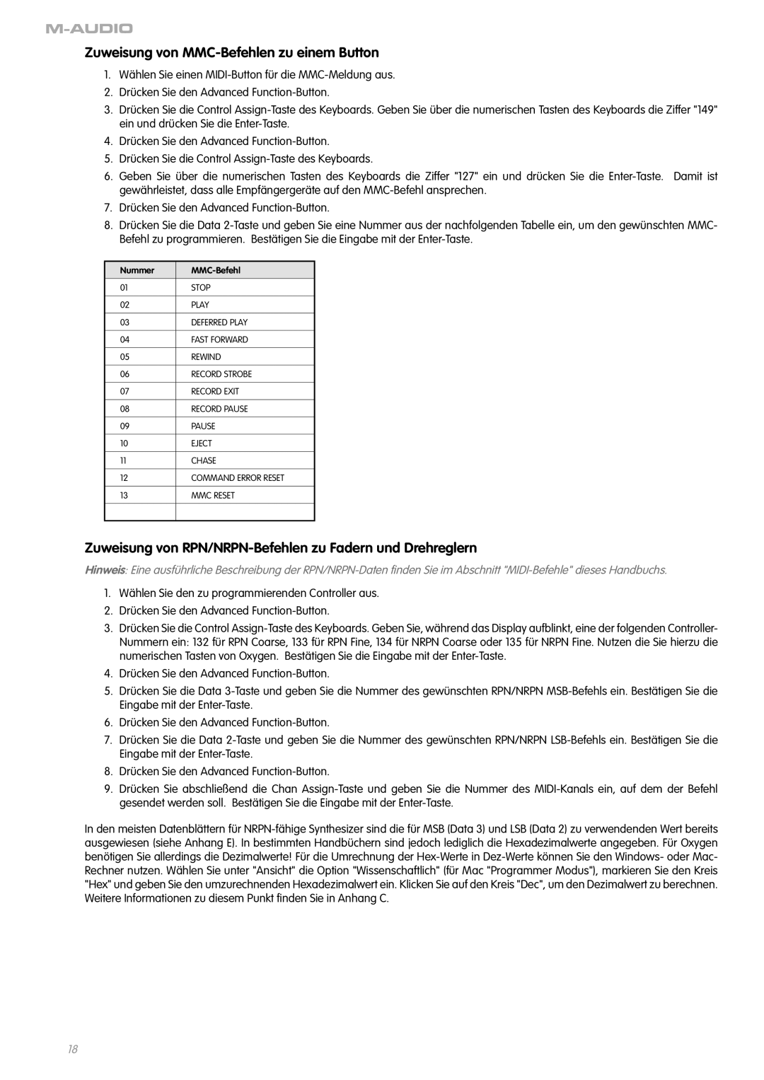 M-Audio 8 V2 manual Zuweisung von MMC-Befehlen zu einem Button, Zuweisung von RPN/NRPN-Befehlen zu Fadern und Drehreglern 