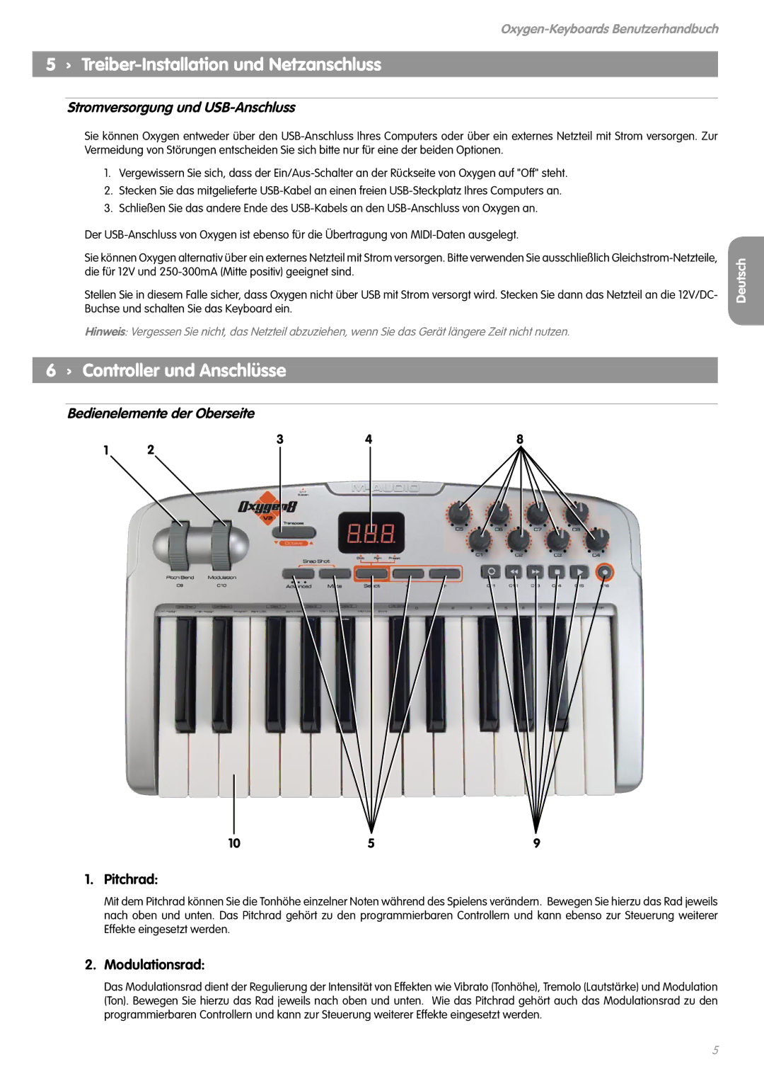 M-Audio 8 V2 › Treiber-Installation und Netzanschluss, › Controller und Anschlüsse, Stromversorgung und USB-Anschluss 