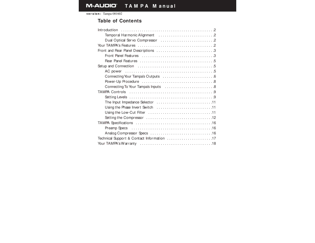 M-Audio 81602 specifications Tampa Manual, Table of Contents 