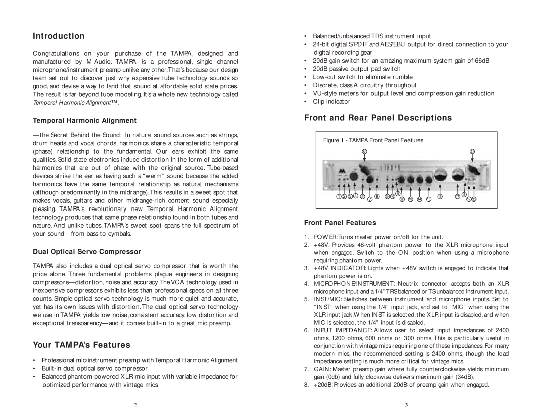 M-Audio 81602 specifications Introduction, Your TAMPA’s Features, Front and Rear Panel Descriptions 