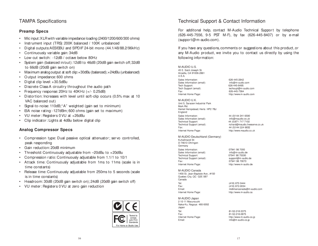 M-Audio 81602 Tampa Specifications, Technical Support & Contact Information, Preamp Specs, Analog Compressor Specs 