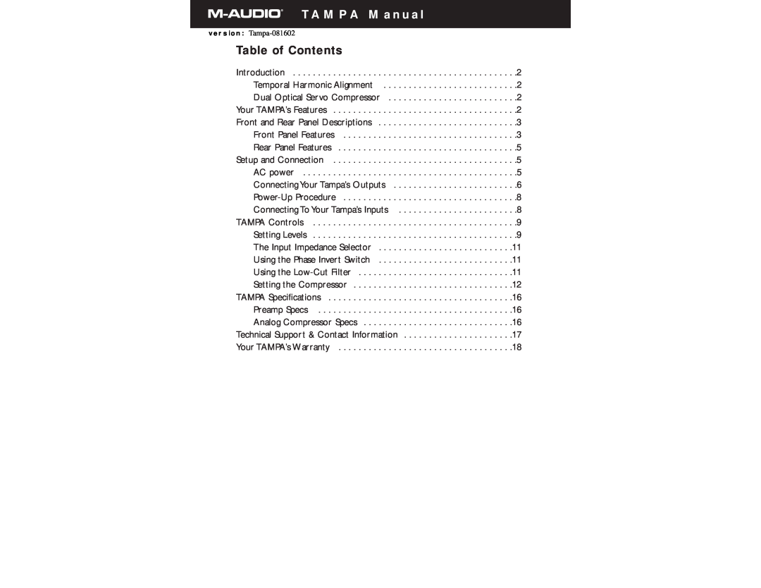 M-Audio 81602 specifications Table of Contents, TAMPA Manual 