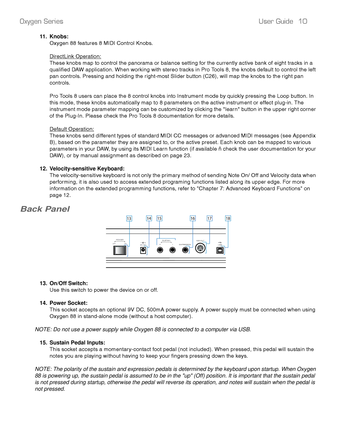 M-Audio 88 manual Knobs, Velocity-sensitive Keyboard, 13. On/Off Switch, Power Socket, Sustain Pedal Inputs 