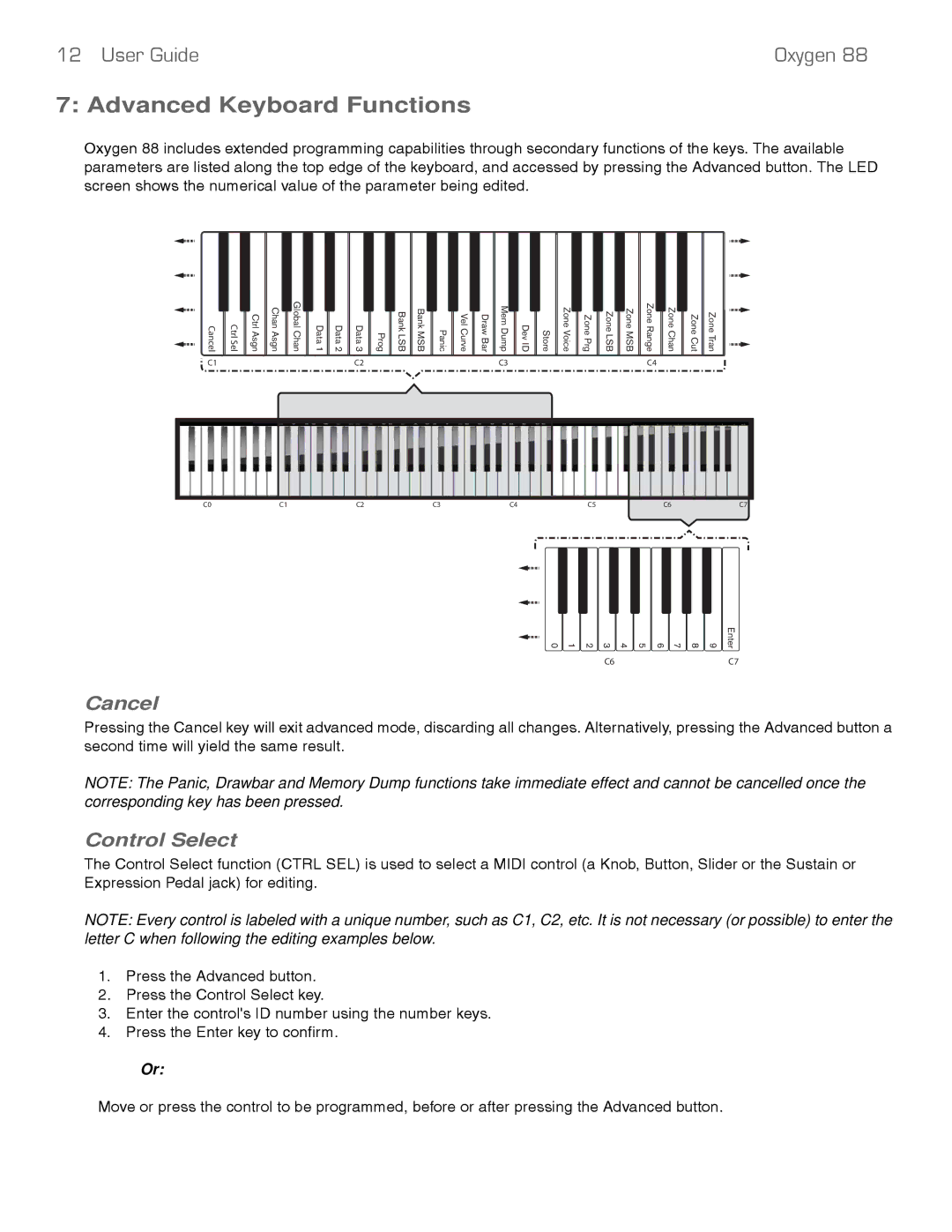 M-Audio 88 manual Advanced Keyboard Functions, Cancel, Control Select 