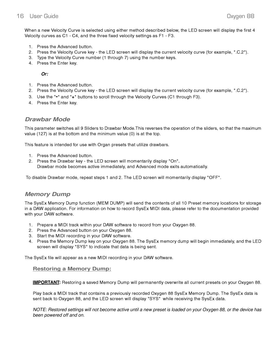 M-Audio 88 manual Drawbar Mode, Memory Dump 