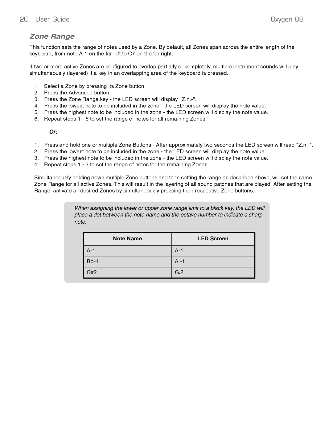 M-Audio 88 manual Zone Range, LED Screen 