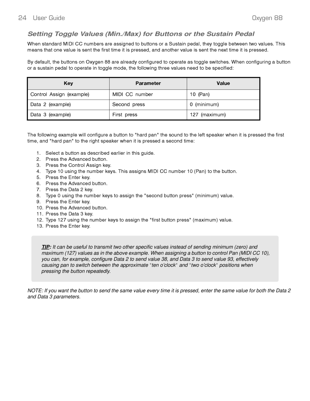 M-Audio 88 manual Key Parameter Value 