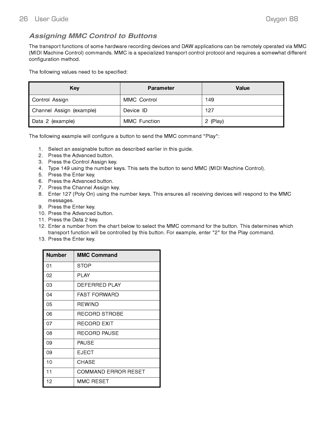 M-Audio 88 manual Assigning MMC Control to Buttons, Number MMC Command 