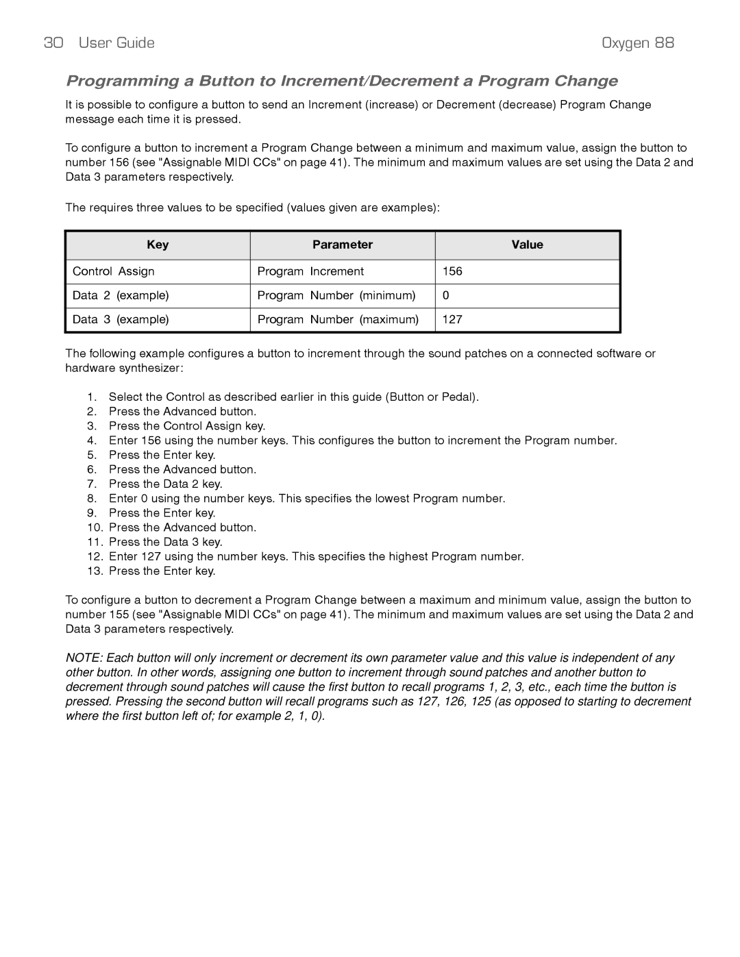 M-Audio 88 manual Programming a Button to Increment/Decrement a Program Change 