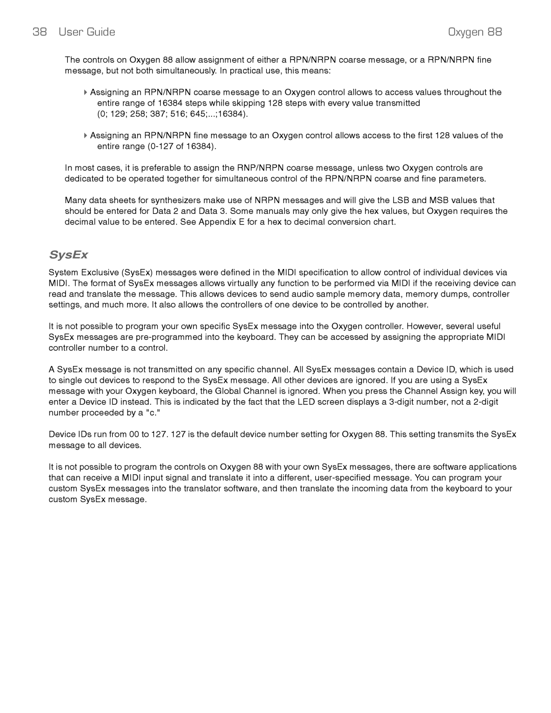 M-Audio 88 manual 38 User Guide Oxygen, SysEx 