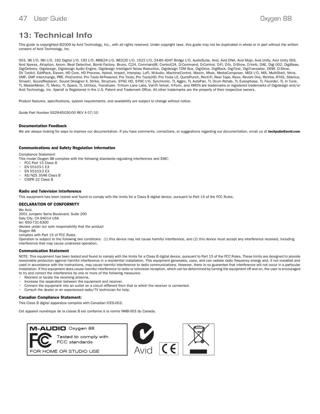 M-Audio 88 manual Technical Info, Documentation Feedback 