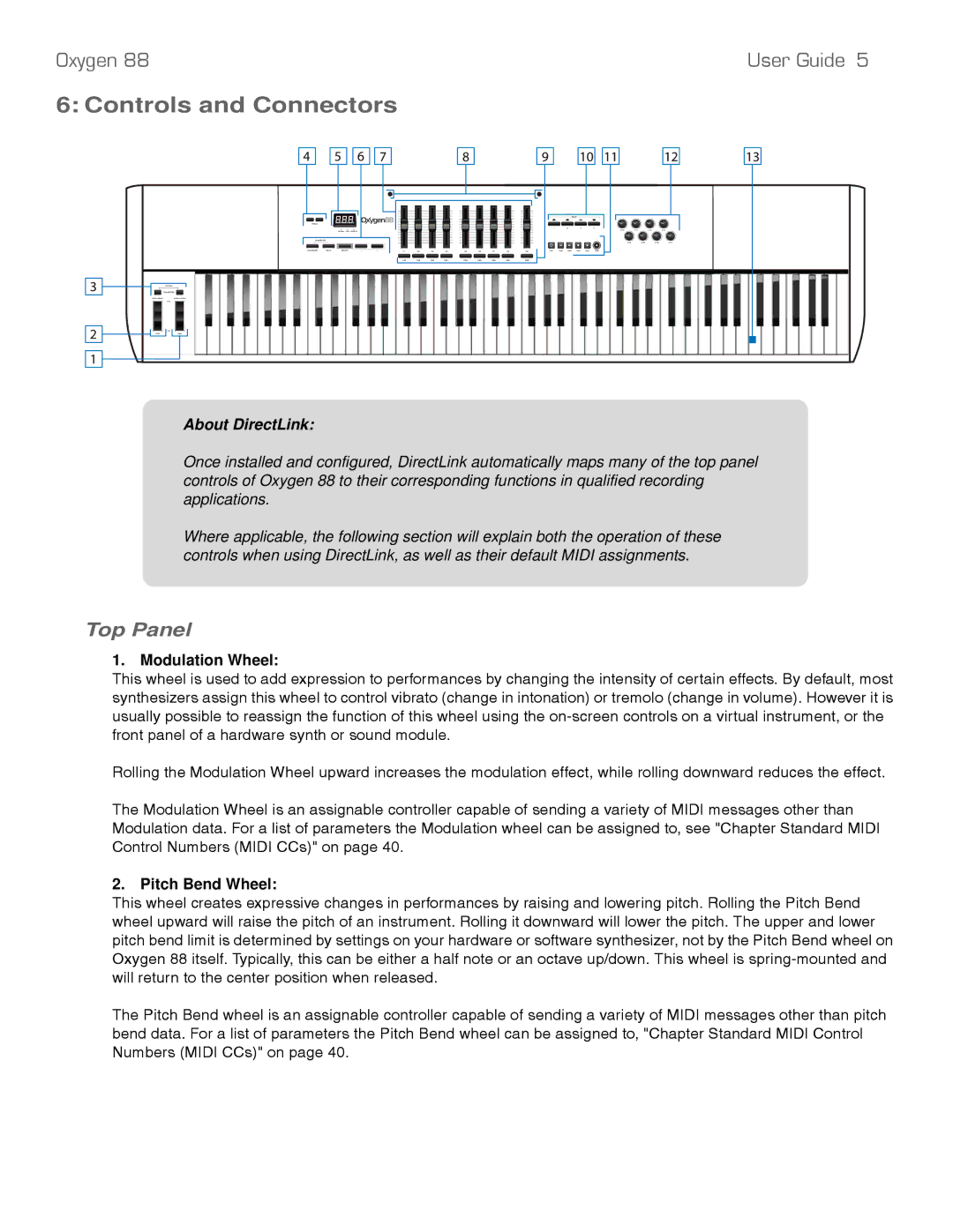 M-Audio 88 manual Controls and Connectors, Top Panel, Modulation Wheel, Pitch Bend Wheel 