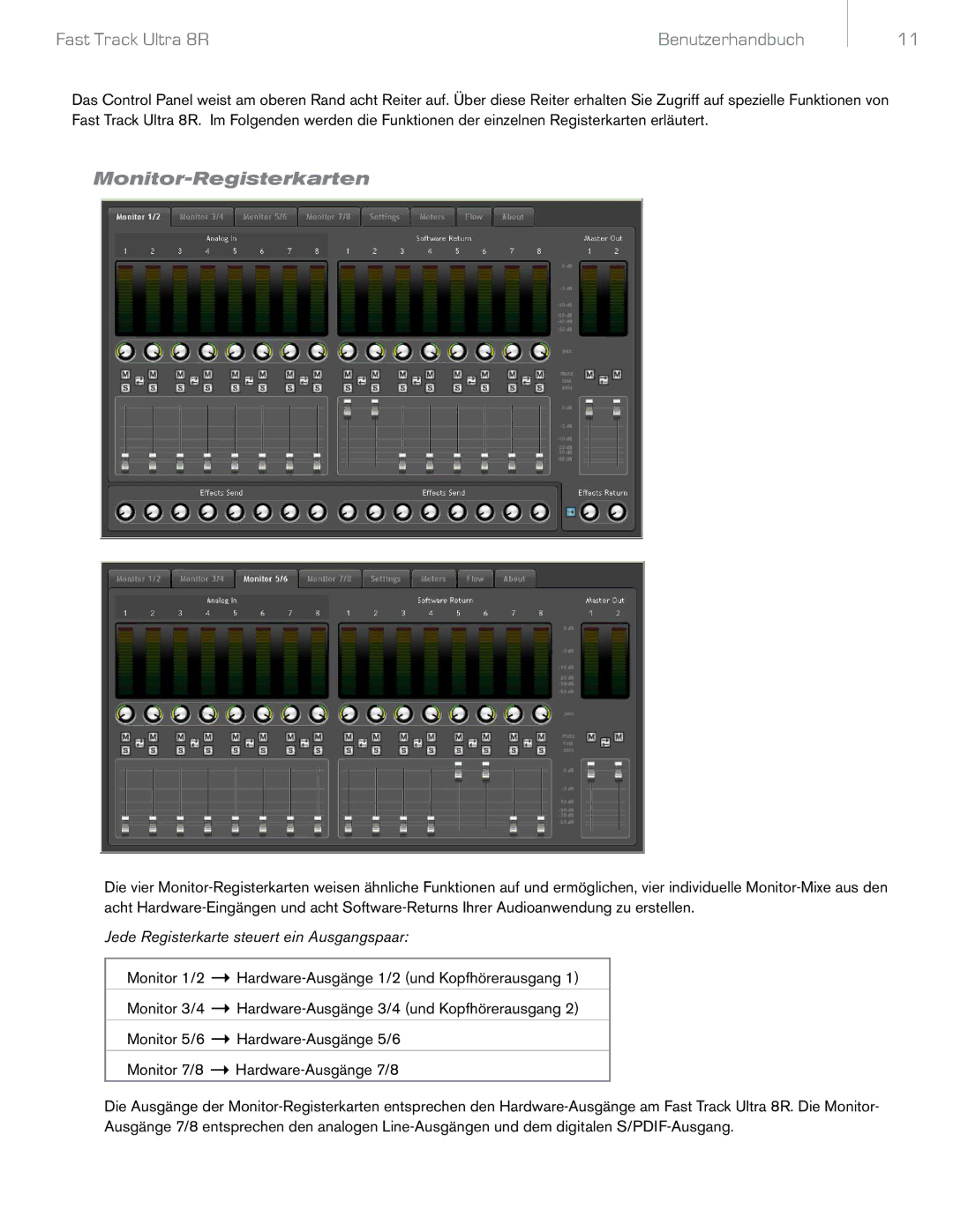 M-Audio 8R manual Monitor-Registerkarten, Jede Registerkarte steuert ein Ausgangspaar 