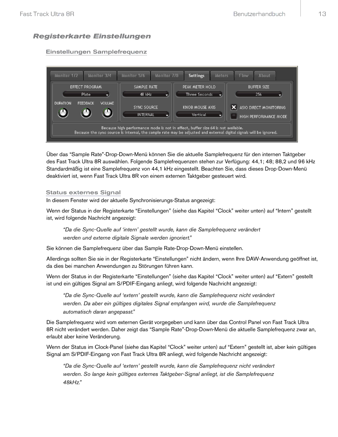 M-Audio 8R manual Registerkarte Einstellungen, Einstellungen Samplefrequenz, Status externes Signal 