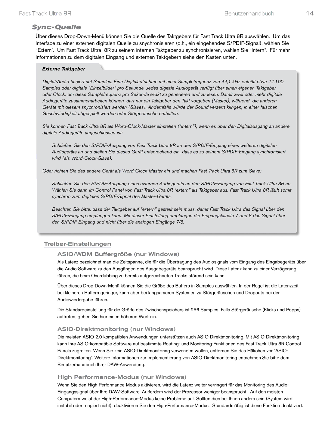 M-Audio 8R manual Sync-Quelle, Treiber-Einstellungen ASIO/WDM Buffergröße nur Windows, ASIO-Direktmonitoring nur Windows 