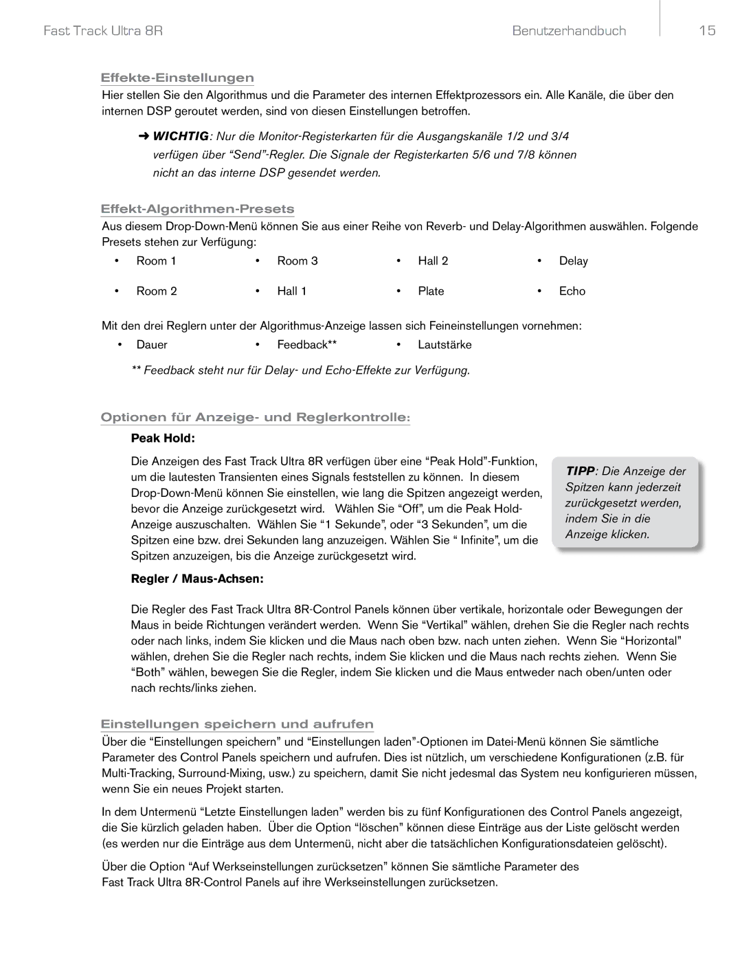 M-Audio 8R manual Effekte-Einstellungen, Effekt-Algorithmen-Presets, Optionen für Anzeige- und Reglerkontrolle 