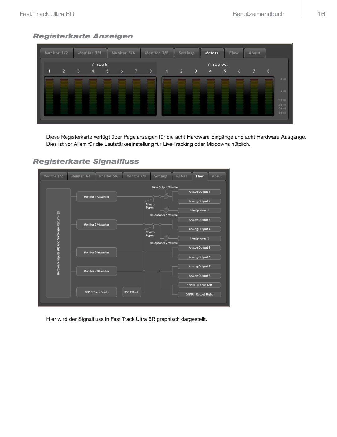 M-Audio 8R manual Registerkarte Anzeigen, Registerkarte Signalfluss 