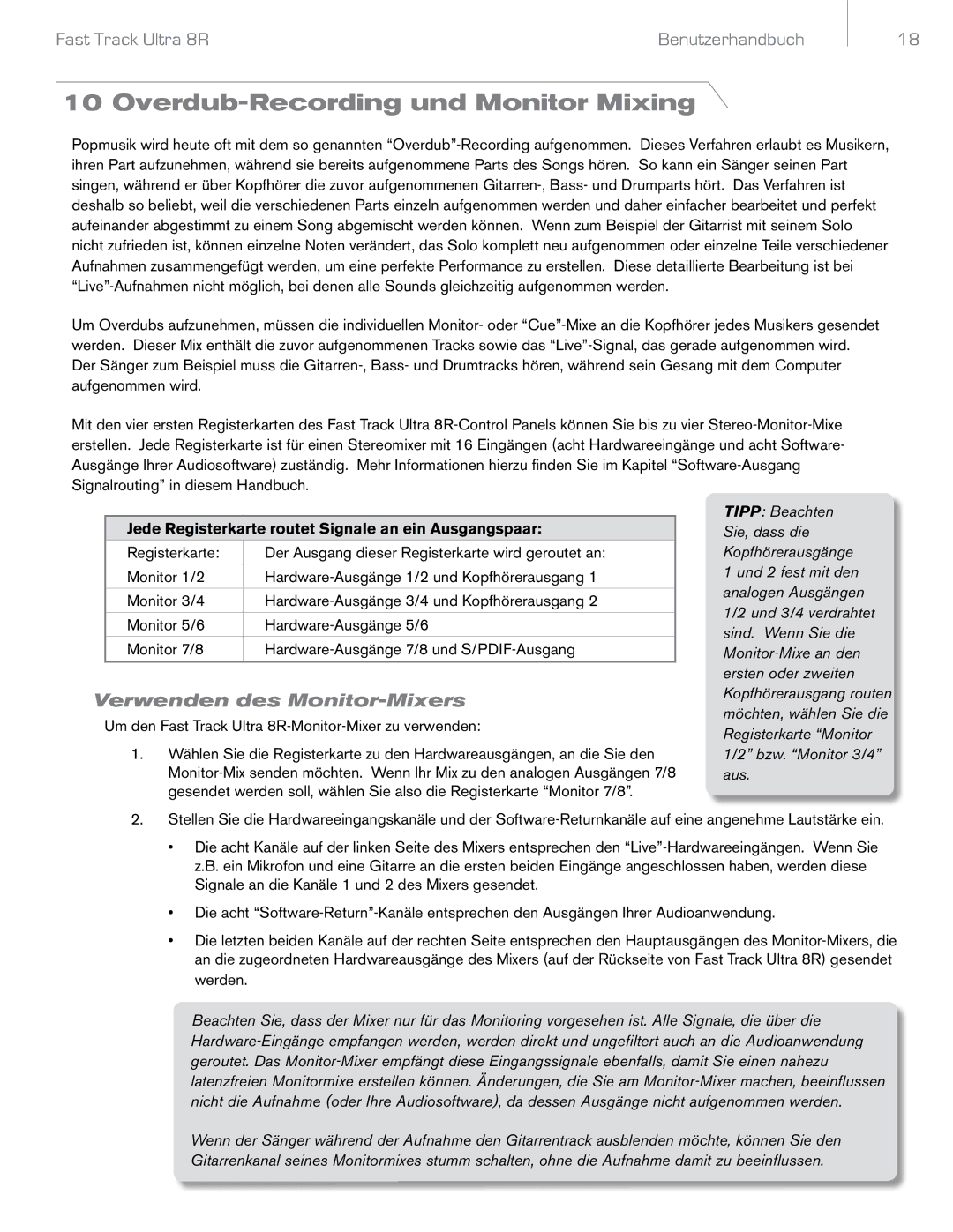 M-Audio 8R manual Overdub-Recording und Monitor Mixing, Verwenden des Monitor-Mixers 
