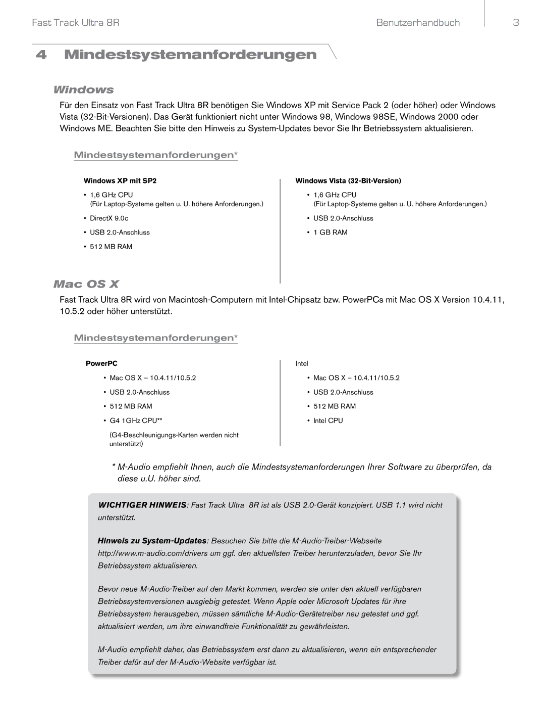 M-Audio 8R manual Mindestsystemanforderungen, Windows, Mac OS 