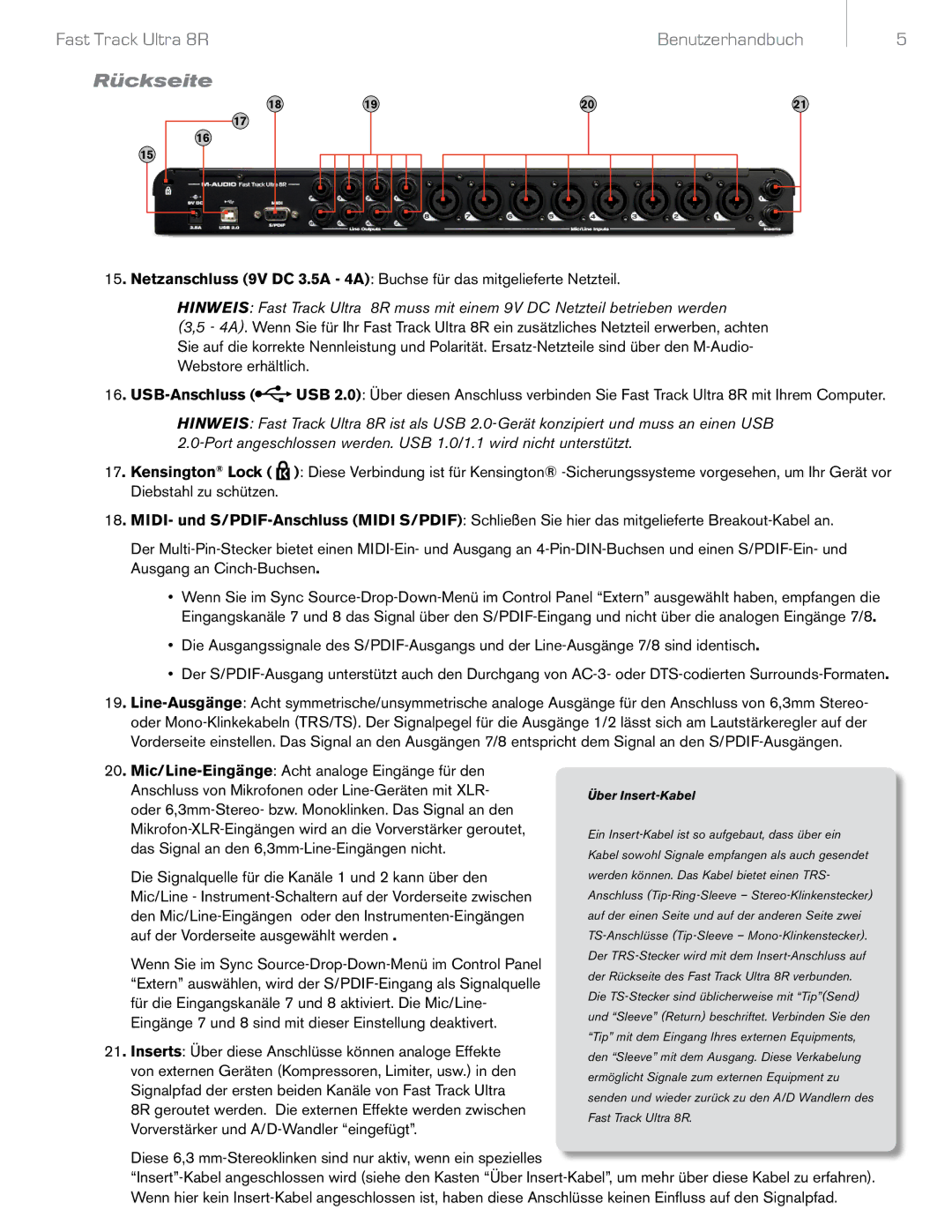 M-Audio 8R manual Rückseite, Über Insert-Kabel 
