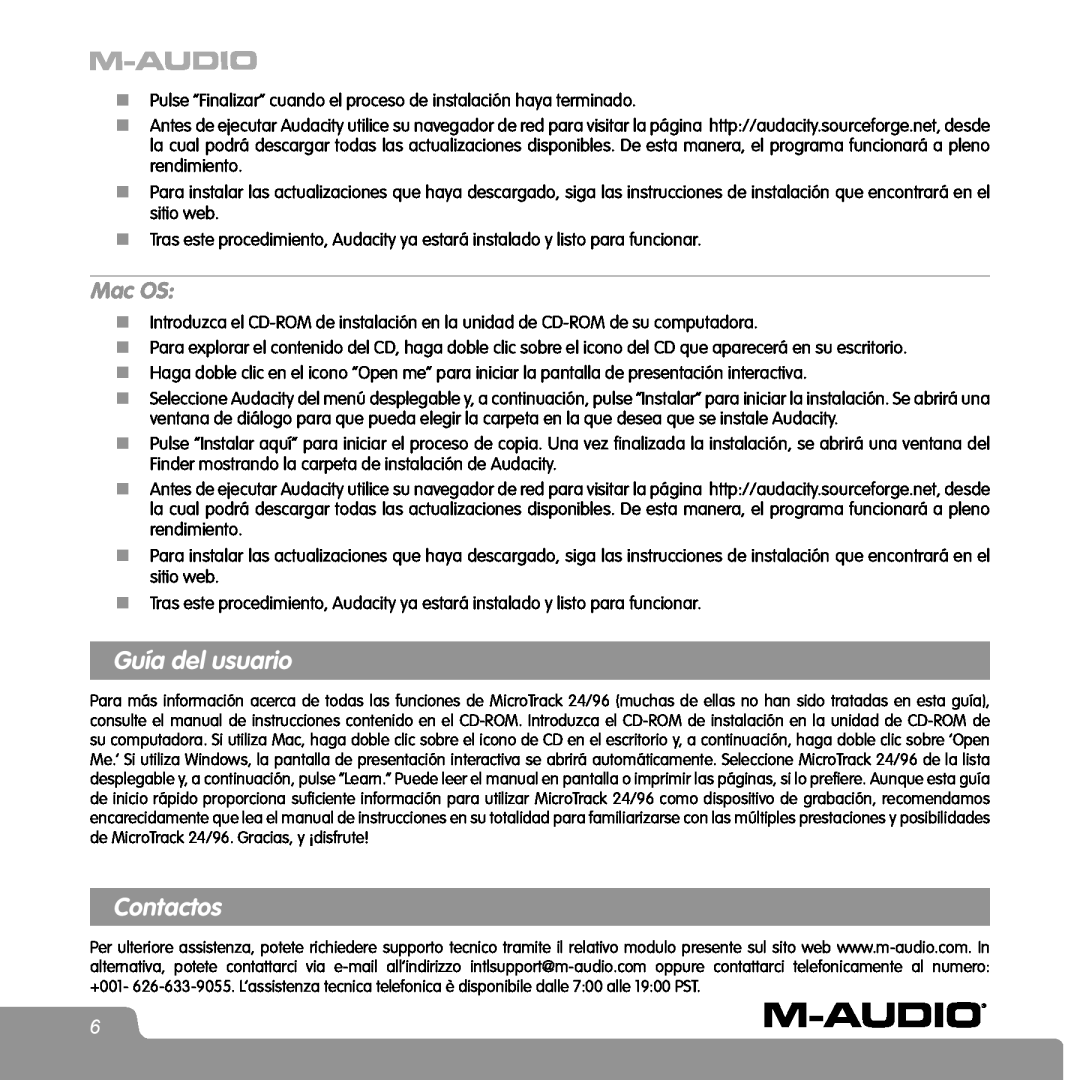 M-Audio 96 manual Guía del usuario, Contactos, Mac OS 