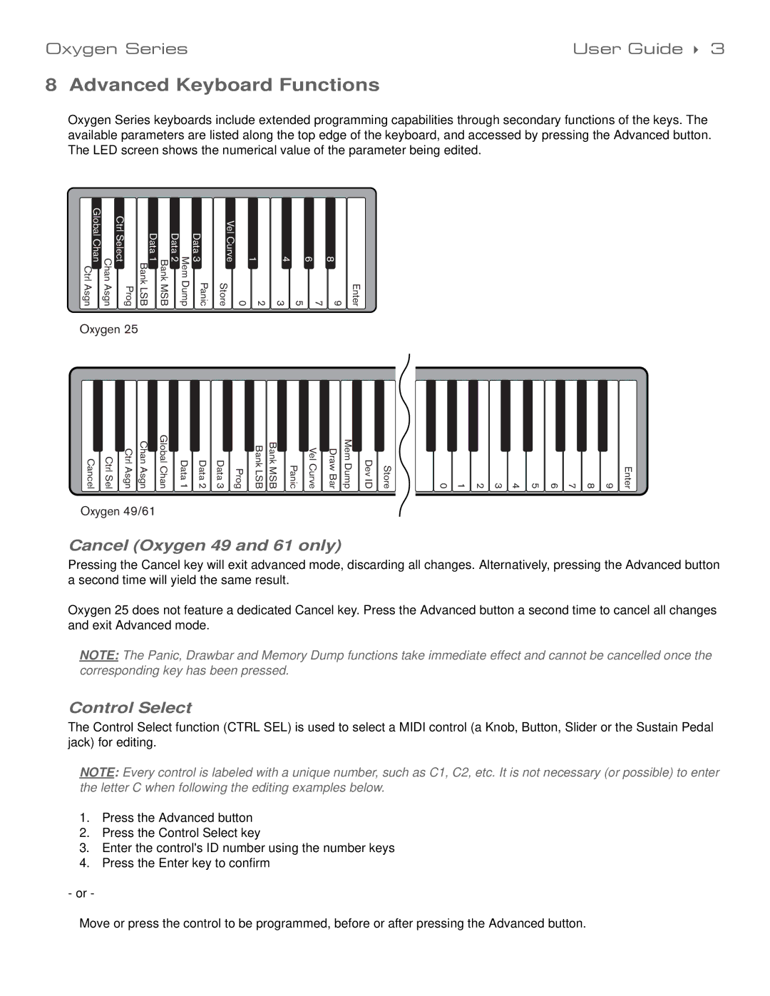 M-Audio 99004139310 manual Advanced Keyboard Functions, Cancel Oxygen 49 and 61 only, Control Select 