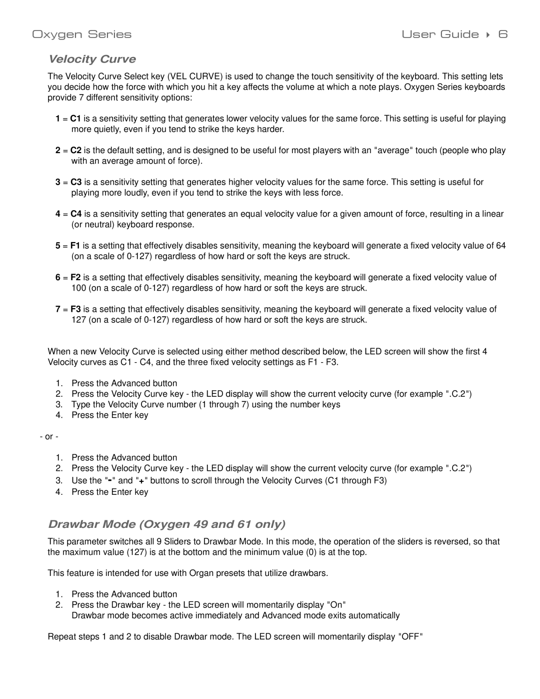 M-Audio 99004139310 manual Velocity Curve, Drawbar Mode Oxygen 49 and 61 only 