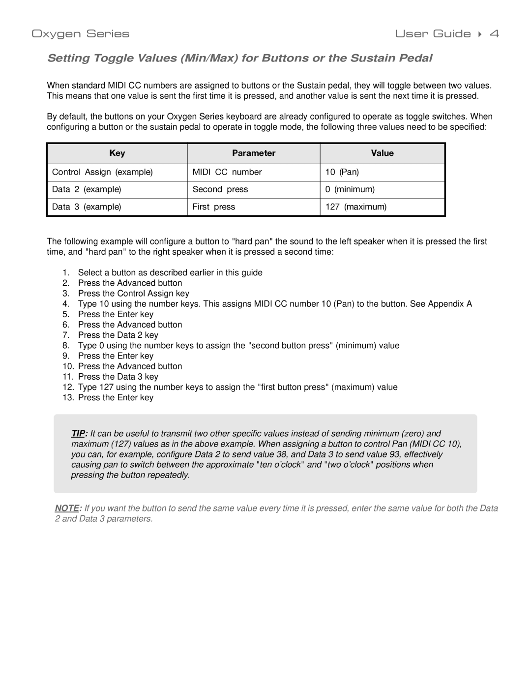 M-Audio 99004139310 manual Key Parameter Value 