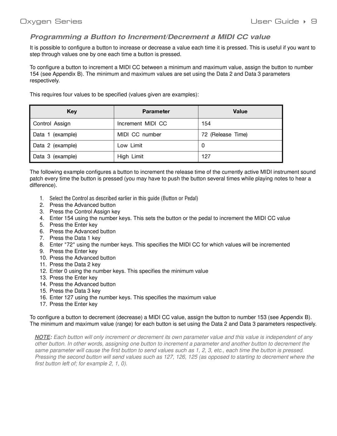 M-Audio 99004139310 manual Programming a Button to Increment/Decrement a Midi CC value 