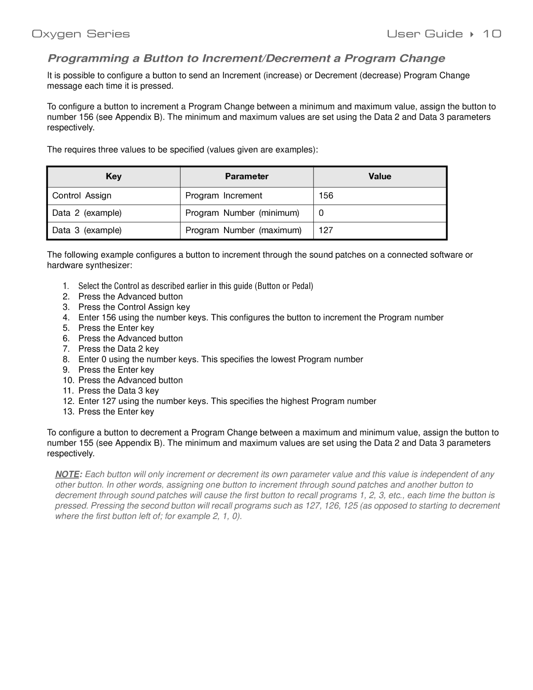 M-Audio 99004139310 manual Programming a Button to Increment/Decrement a Program Change 