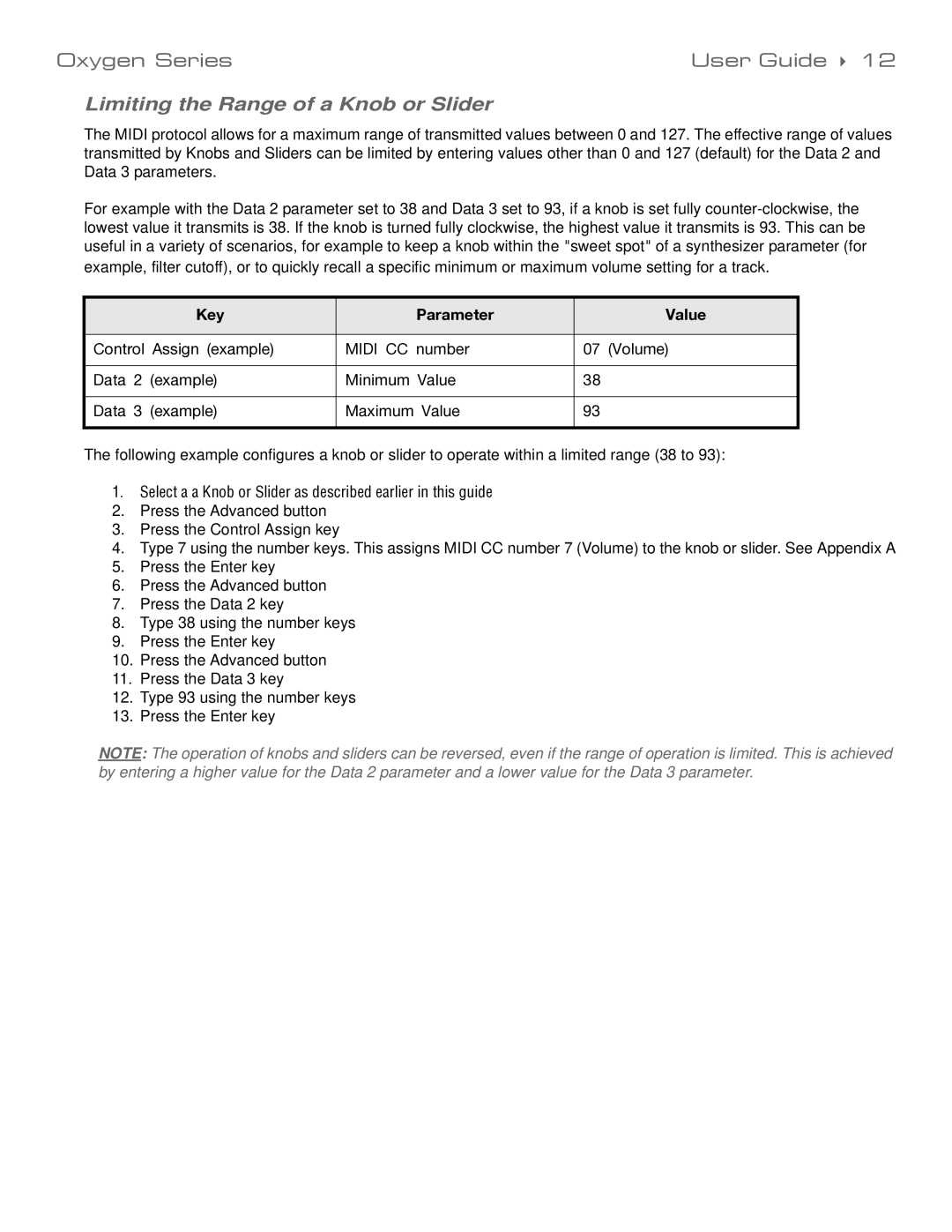 M-Audio 99004139310 manual Limiting the Range of a Knob or Slider 