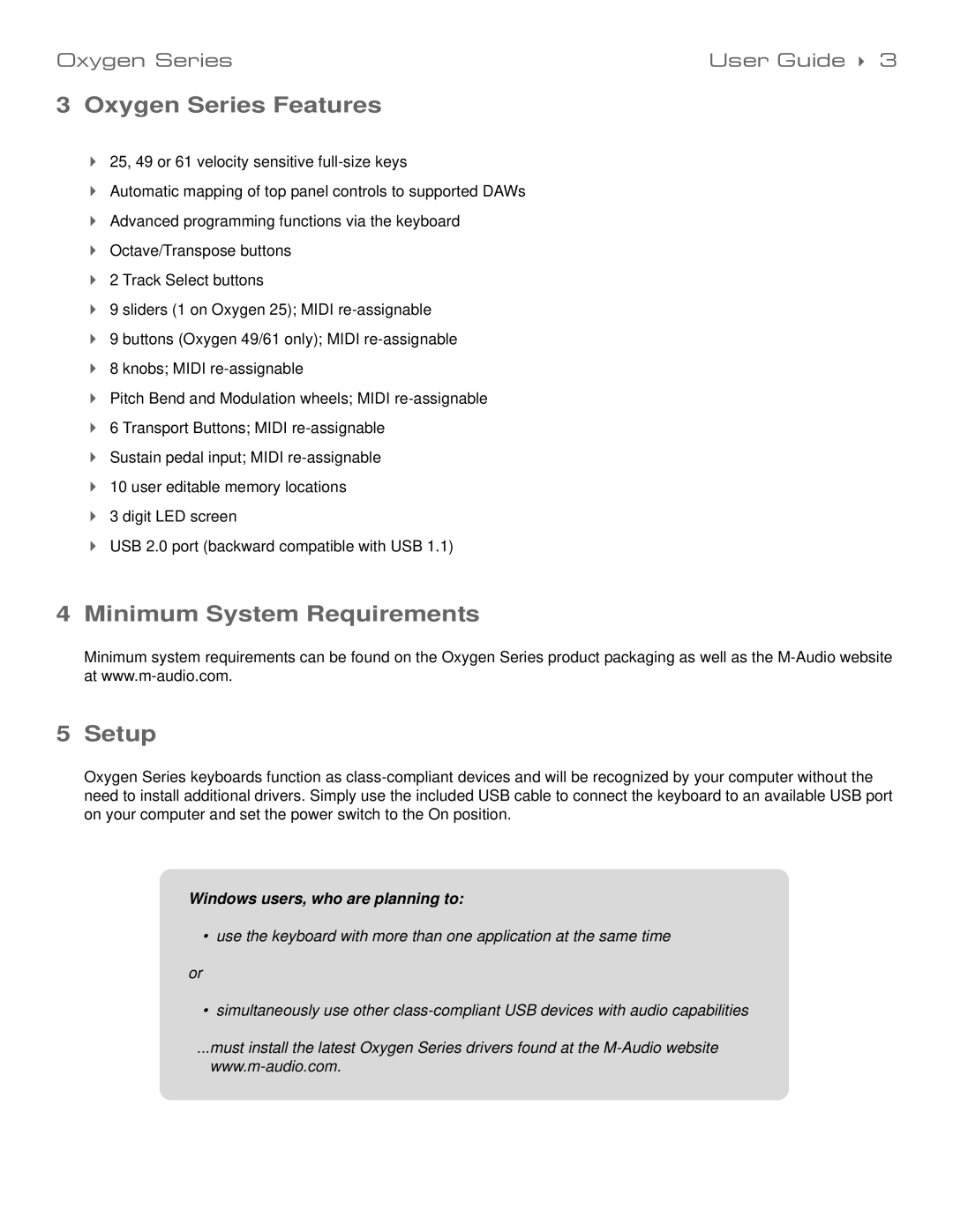 M-Audio 99004139310 manual Oxygen Series Features, Minimum System Requirements Setup 