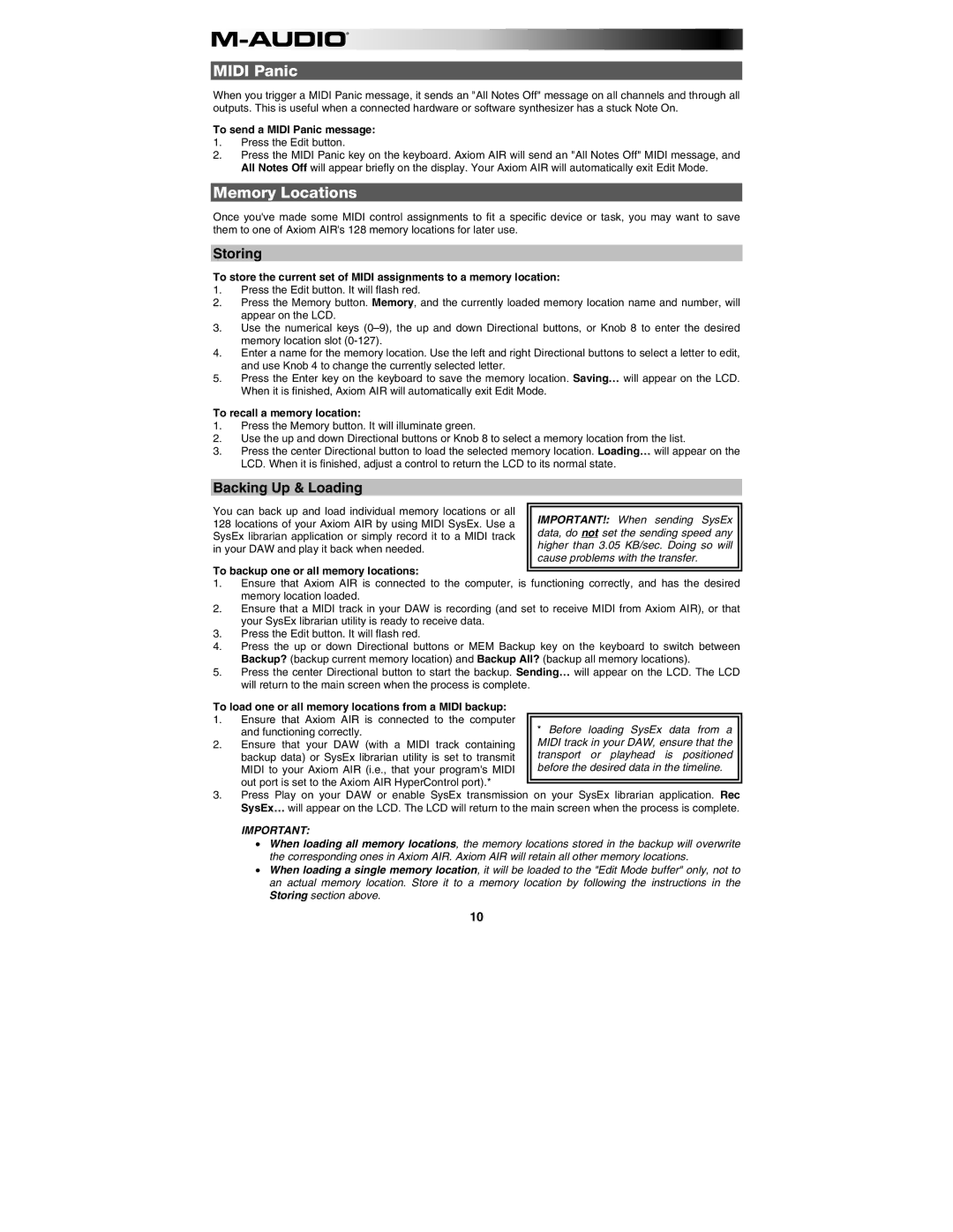 M-Audio AIR 25 user manual Midi Panic, Memory Locations, Storing, Backing Up & Loading 