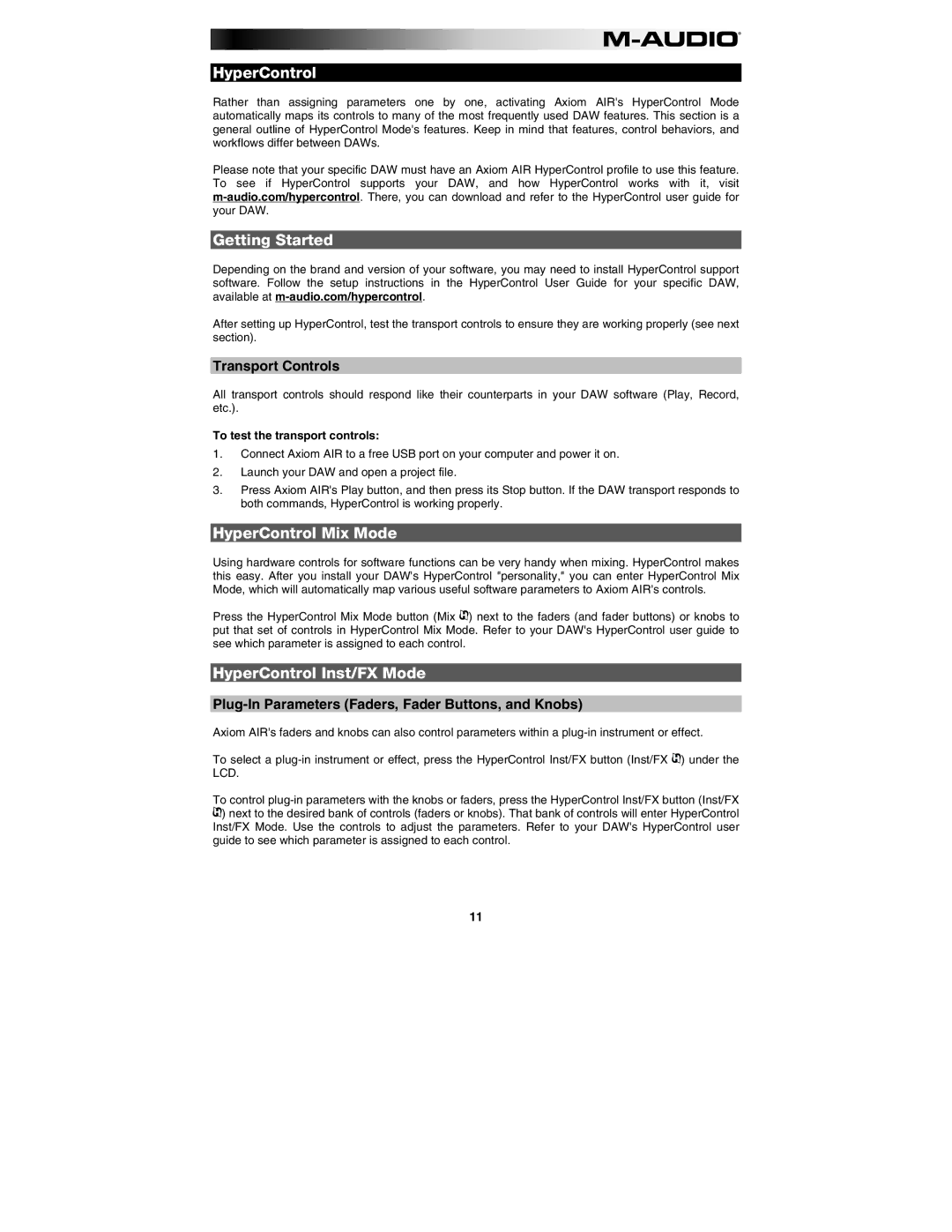 M-Audio AIR 25 user manual Getting Started, HyperControl Mix Mode, HyperControl Inst/FX Mode 