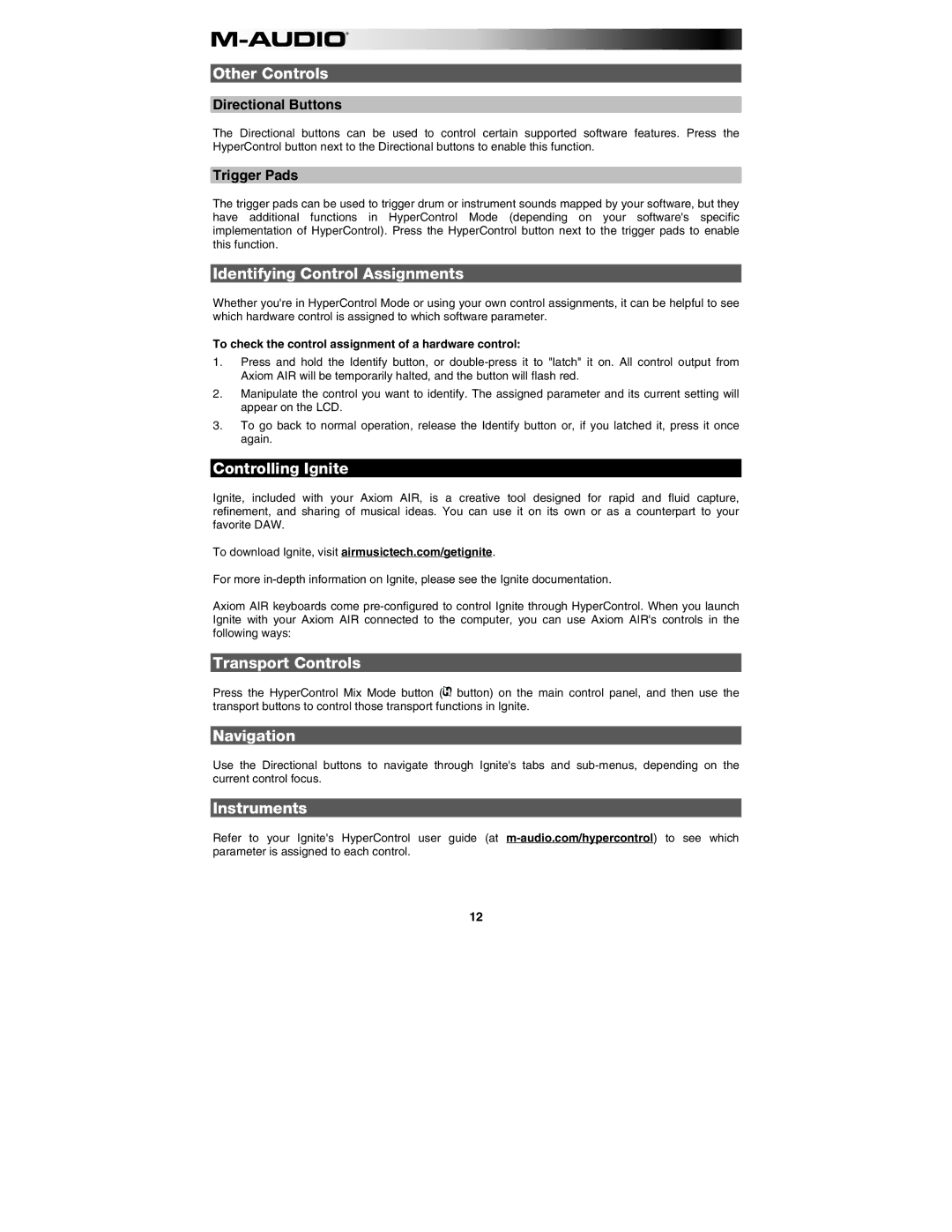 M-Audio AIR 25 Other Controls, Identifying Control Assignments, Controlling Ignite, Transport Controls, Navigation 