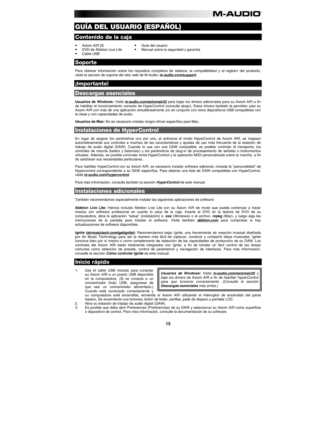 M-Audio AIR 25 user manual Contenido de la caja, Soporte ¡Importante Descargas esenciales, Instalaciones de HyperControl 