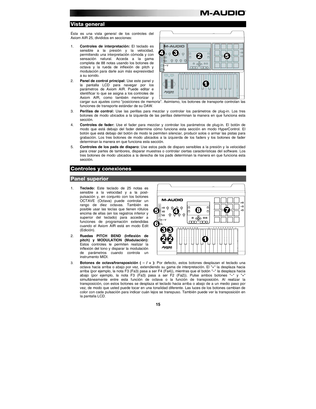 M-Audio AIR 25 user manual Vista general, Controles y conexiones Panel superior, Controles de interpretación El teclado es 