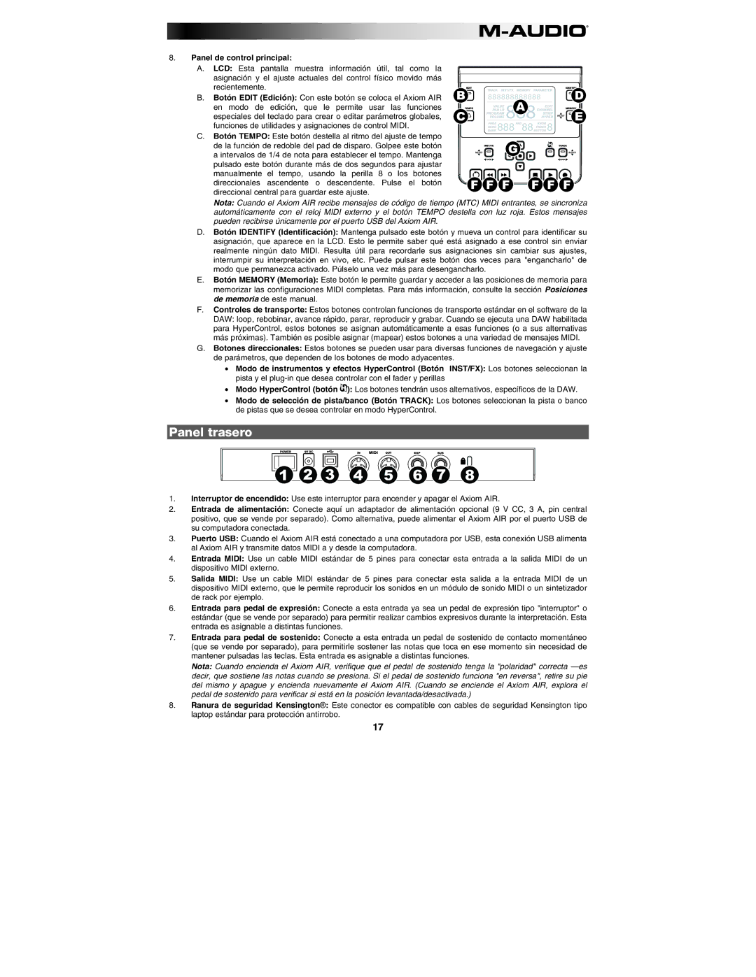 M-Audio AIR 25 user manual Panel trasero, Panel de control principal 