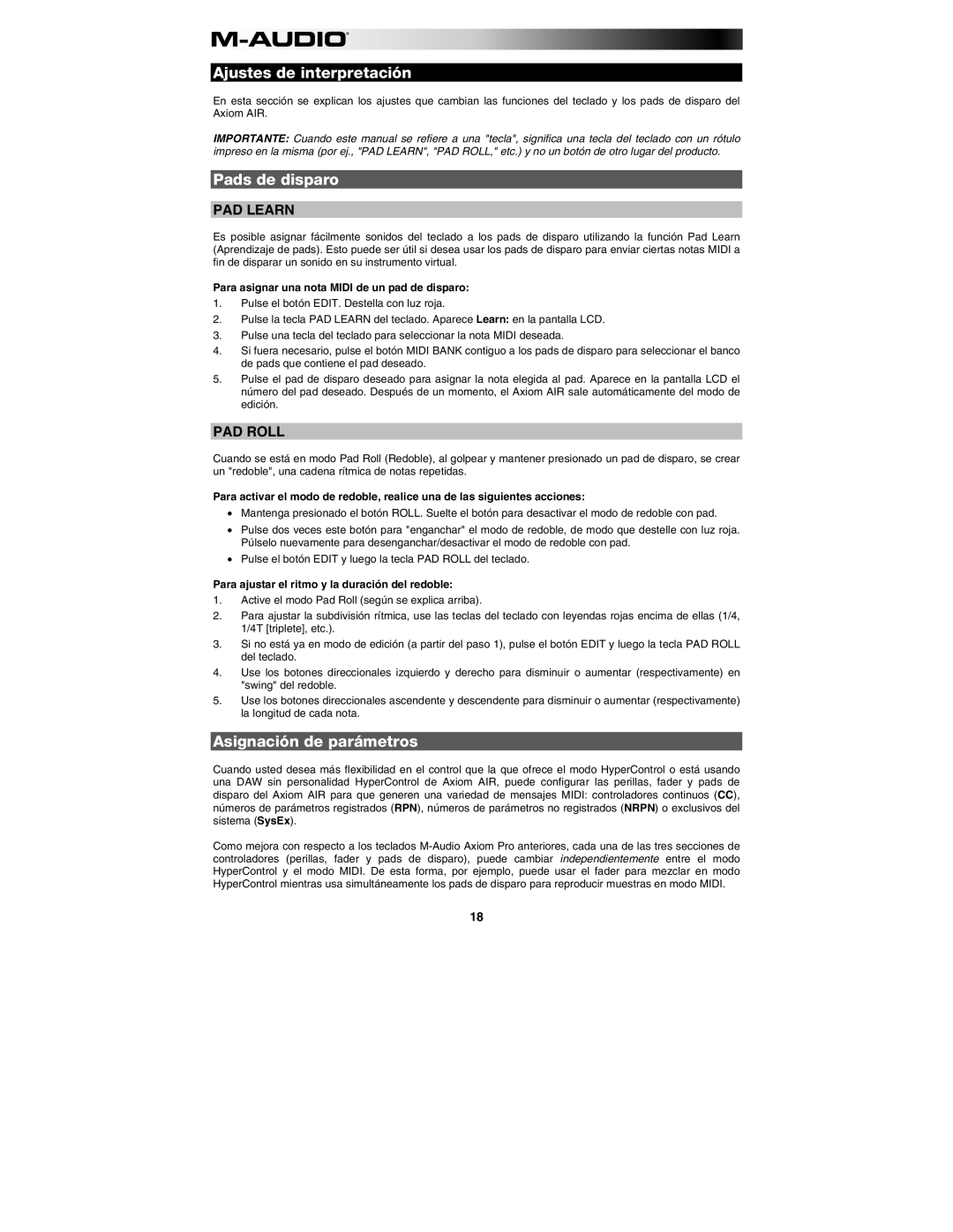 M-Audio AIR 25 user manual Ajustes de interpretación, Pads de disparo, Asignación de parámetros 