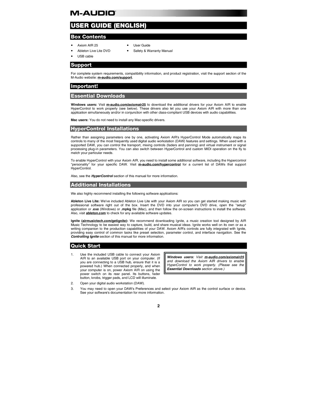 M-Audio AIR 25 user manual Box Contents, Support Essential Downloads, HyperControl Installations, Additional Installations 